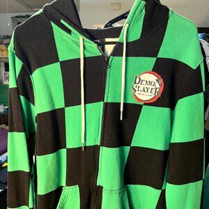 Demon Slayer 100% Cotton Green Black Checkered Full-Zip Jacket Hoodie SZ Lrg